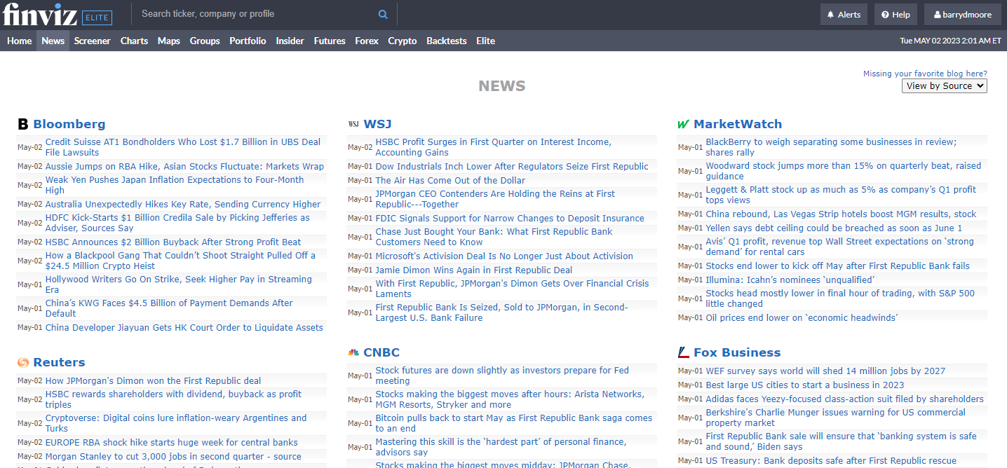 Screenshot: Finviz News Aggregation for Free