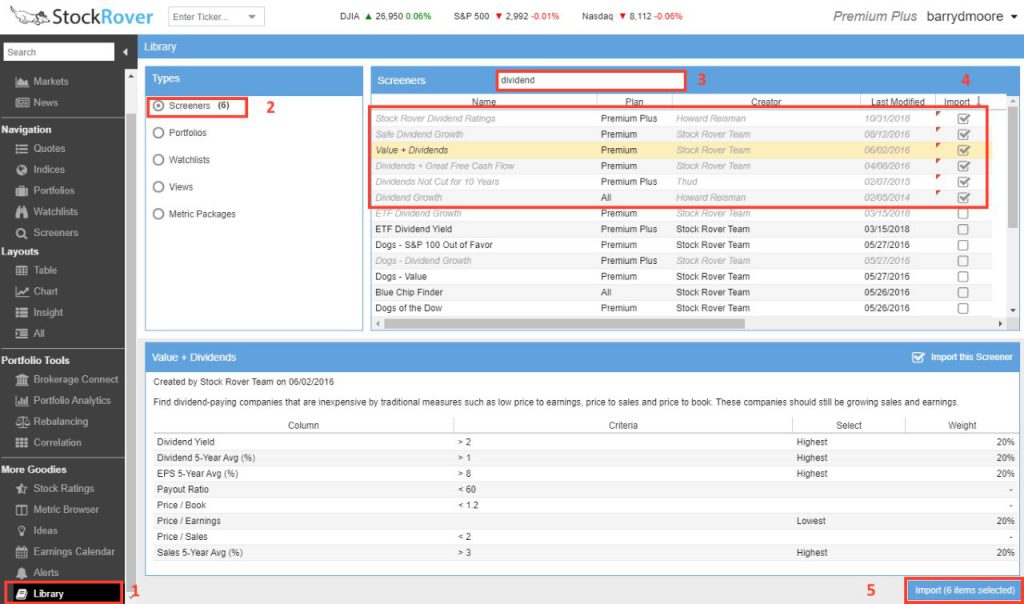 Quickly Establishing a Dividend Stock Screener in Stock Rover.