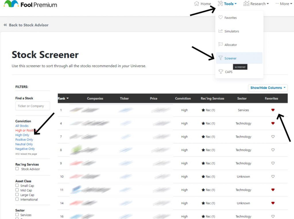 Motley Fool Premium Stock Screener Test: Select – Tools – Screener – High Conviction To Get The Best Stocks. (Stock Selection Obscured Because TMF Intellectual Property)