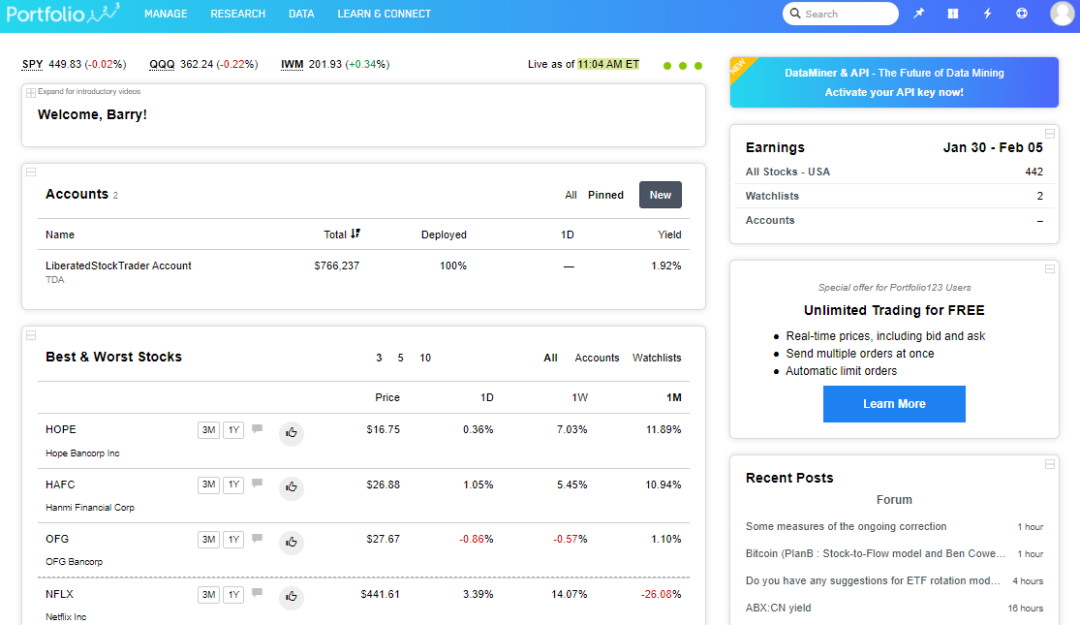 Portfolio123 Review: Dashboard